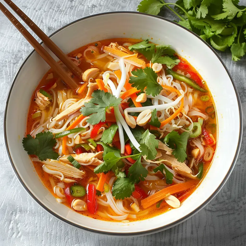Noodle bowl with chicken, fresh vegetables, peanuts and cilantro, served with chopsticks.