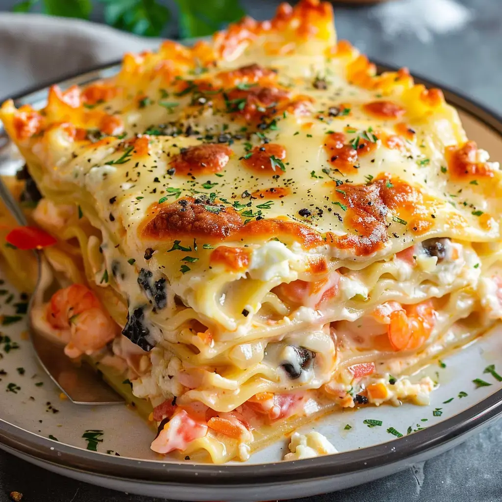 Lasagna topped with shrimp, cheese and herbs, shown on a plate.