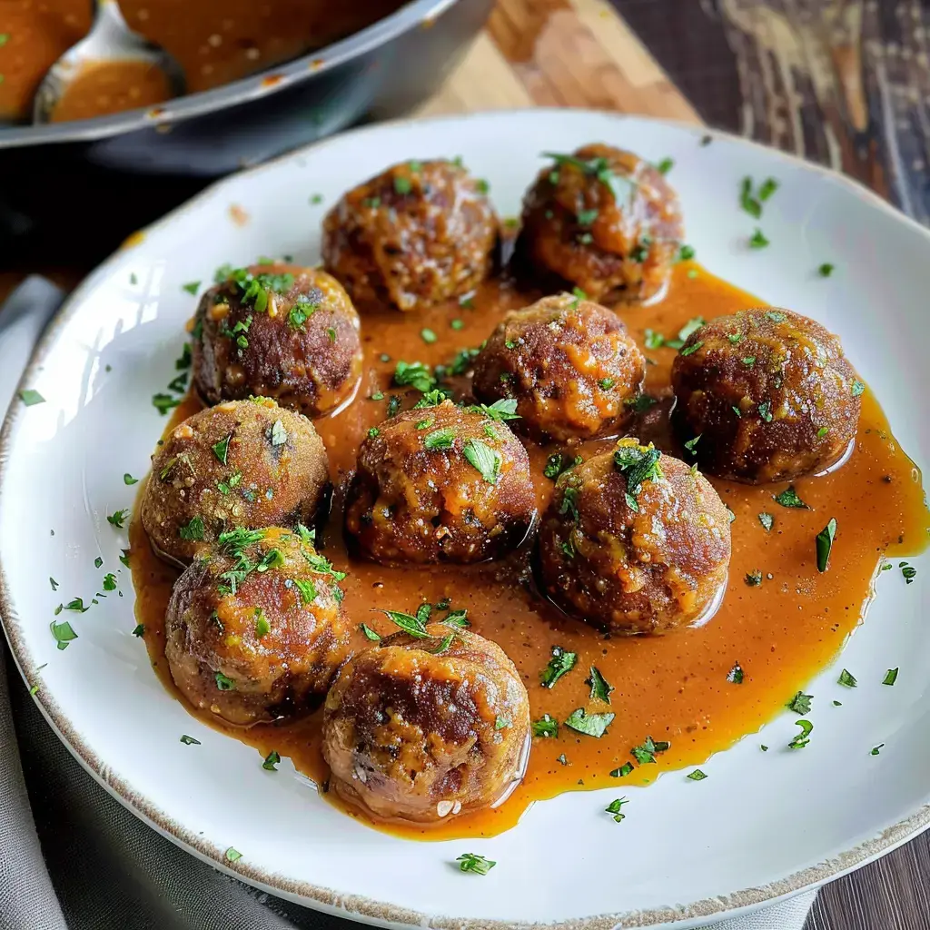 Des boulettes de viande plongées dans une sauce brune, garnies de persil, présentées sur une assiette blanche.