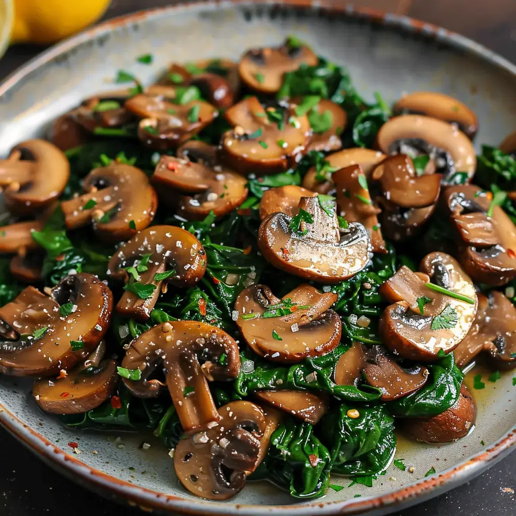 A dish of sautéed mushrooms resting on spinach, topped with parsley and salt.