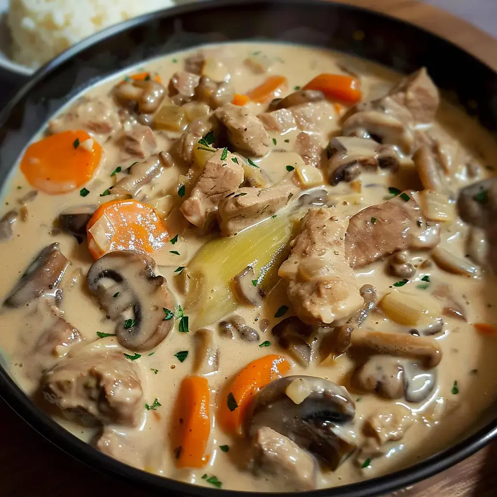 A creamy dish with meat, carrots, mushrooms and vegetables, served in a bowl next to rice.