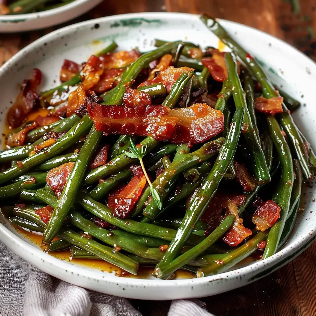 A dish of sautéed green beans mixed with pieces of crispy bacon.