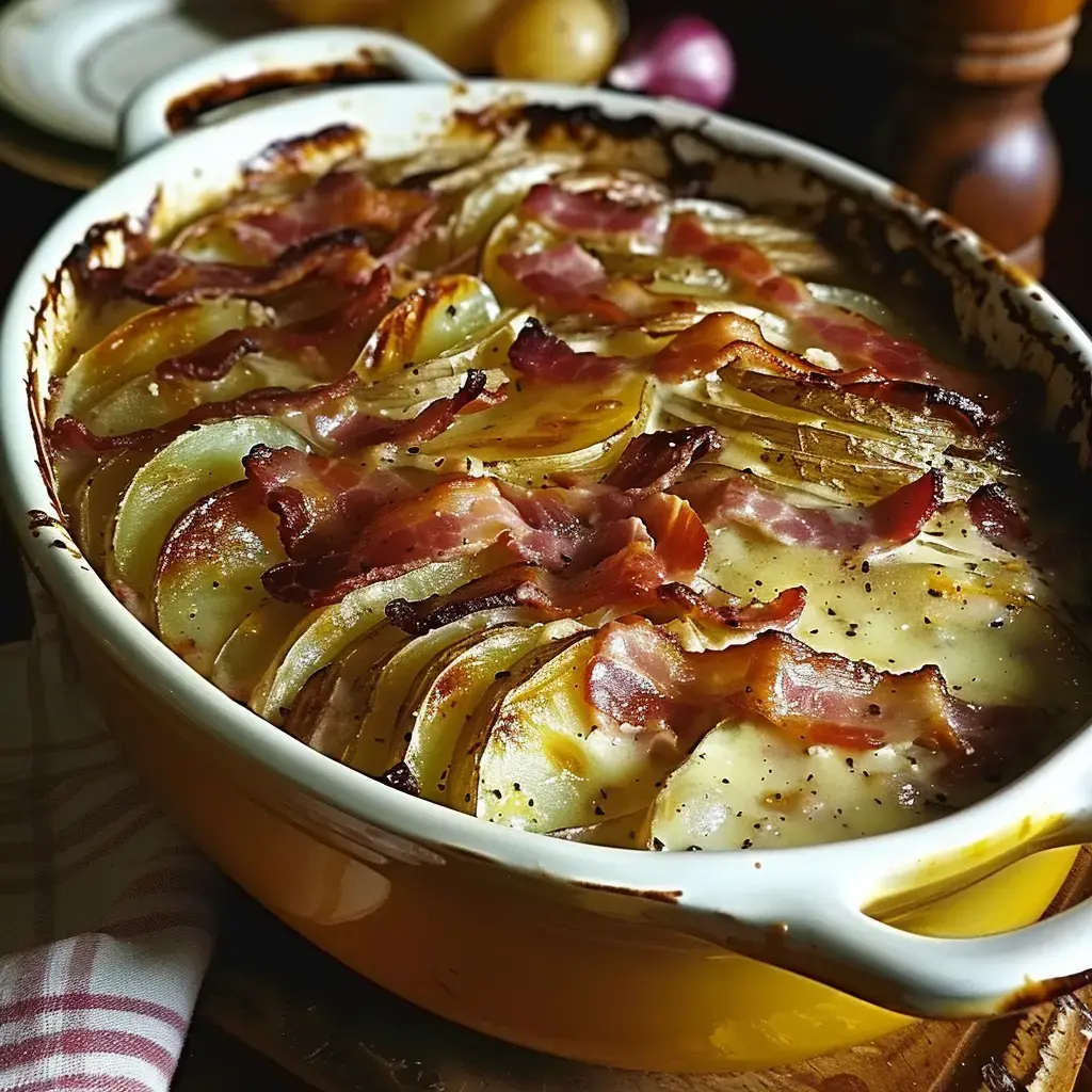 A potato bake topped with crispy bacon and cream, served in a ceramic dish.