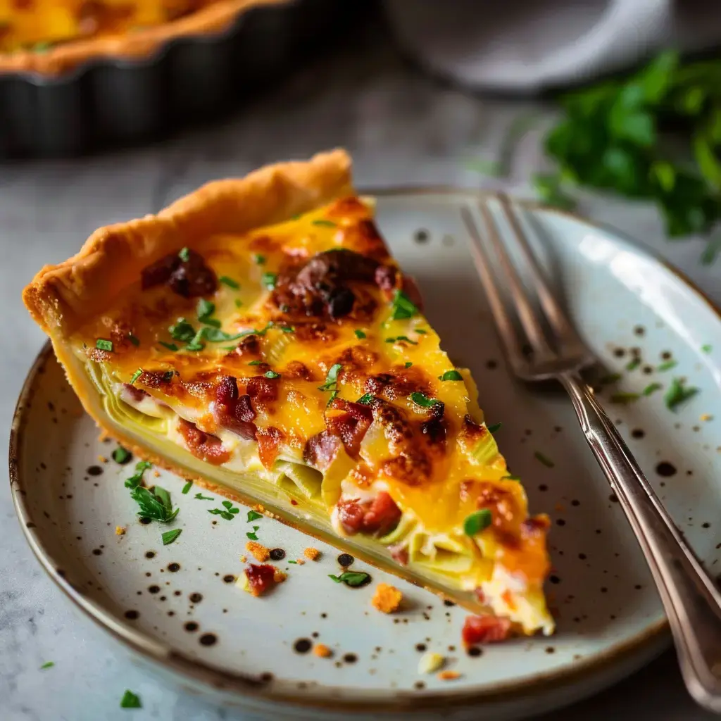 Une part de quiche garnie de lardons et de fromage sur une assiette, accompagnée de couverts.