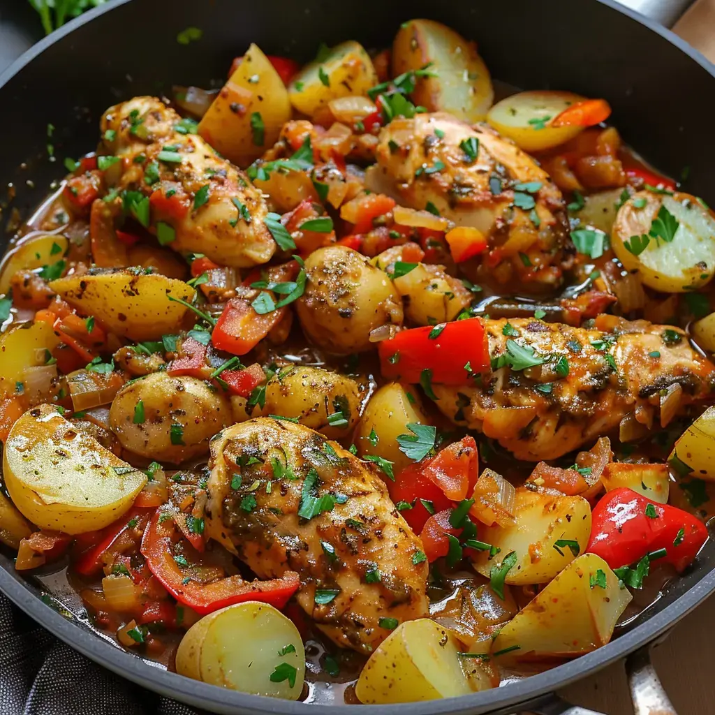 A chicken dish with potatoes, peppers and onions, topped with fresh parsley.