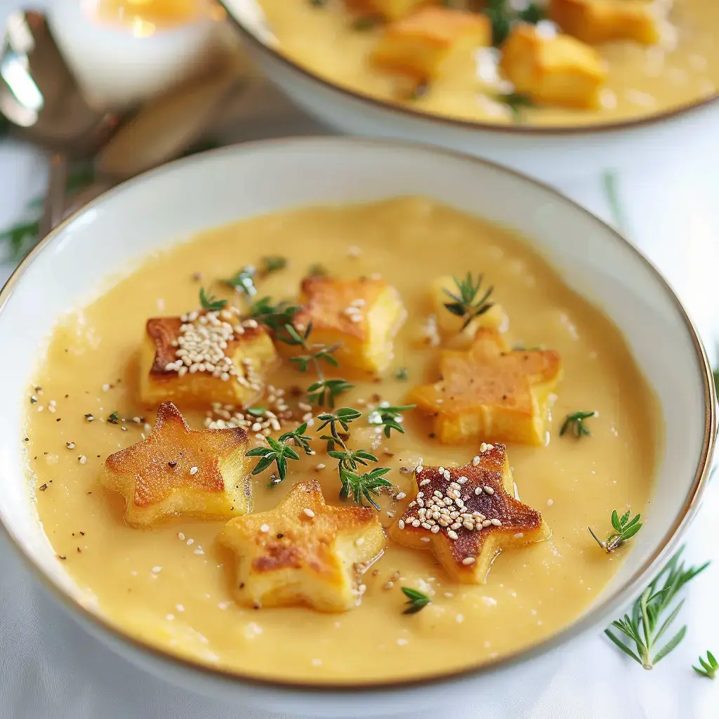 A velvety cream soup topped with crispy stars made from vegetables, sprinkled with thyme and sesame seeds.