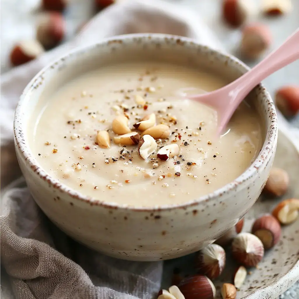 Un bol de crème de noix, parsemé de morceaux de noix et de graines, avec une cuillère rose.