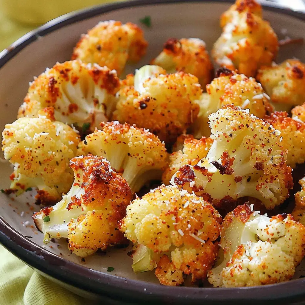 A dish of roasted cauliflower florets, crispy and seasoned, topped with cheese.