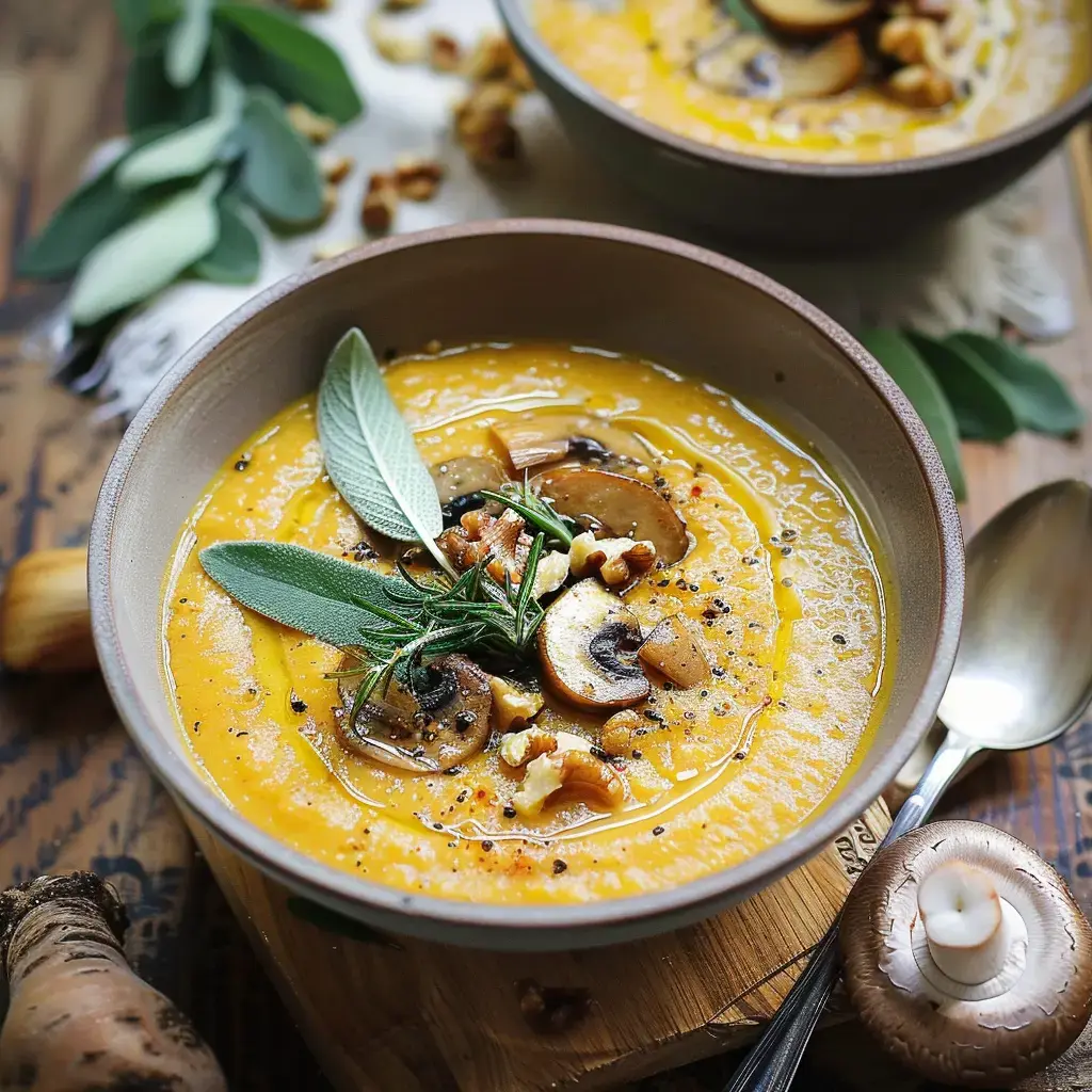Creamy orange soup topped with sautéed mushrooms, walnuts and fresh herbs in a bowl.