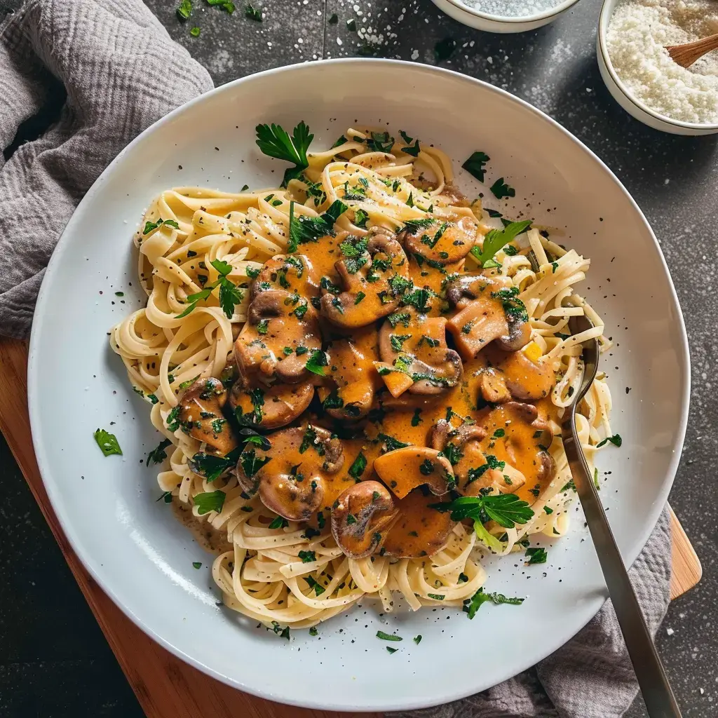 A plate of linguine pasta topped with creamy mushroom sauce and sprinkled with fresh parsley.