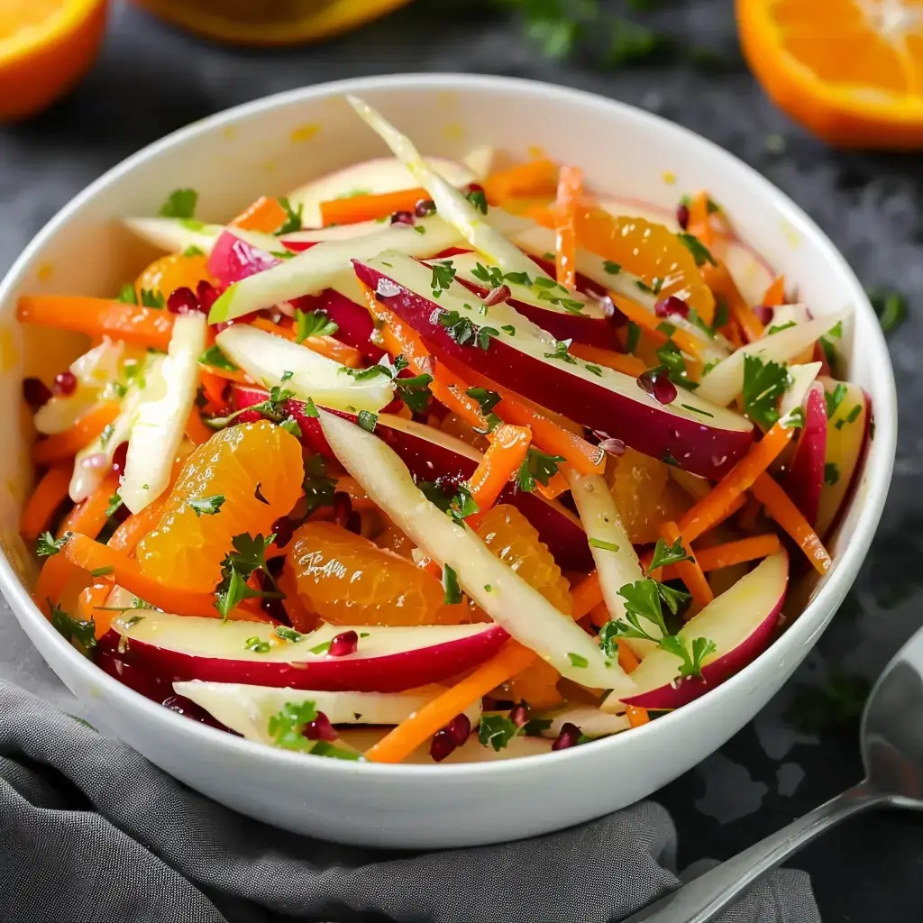 Fresh salad with apples, carrots, mandarins and herbs in a white bowl.