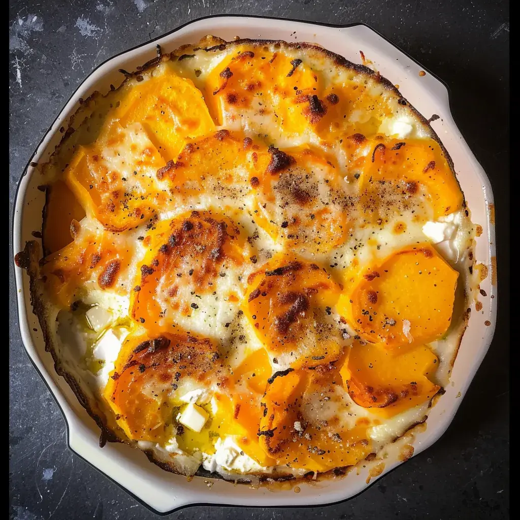 Gratin de courge butternut doré, garni de fromage et de poivre noir.