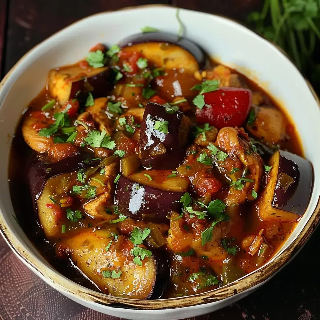 A hearty veggie dish mainly with eggplants, tomatoes and peppers, topped with fresh cilantro.