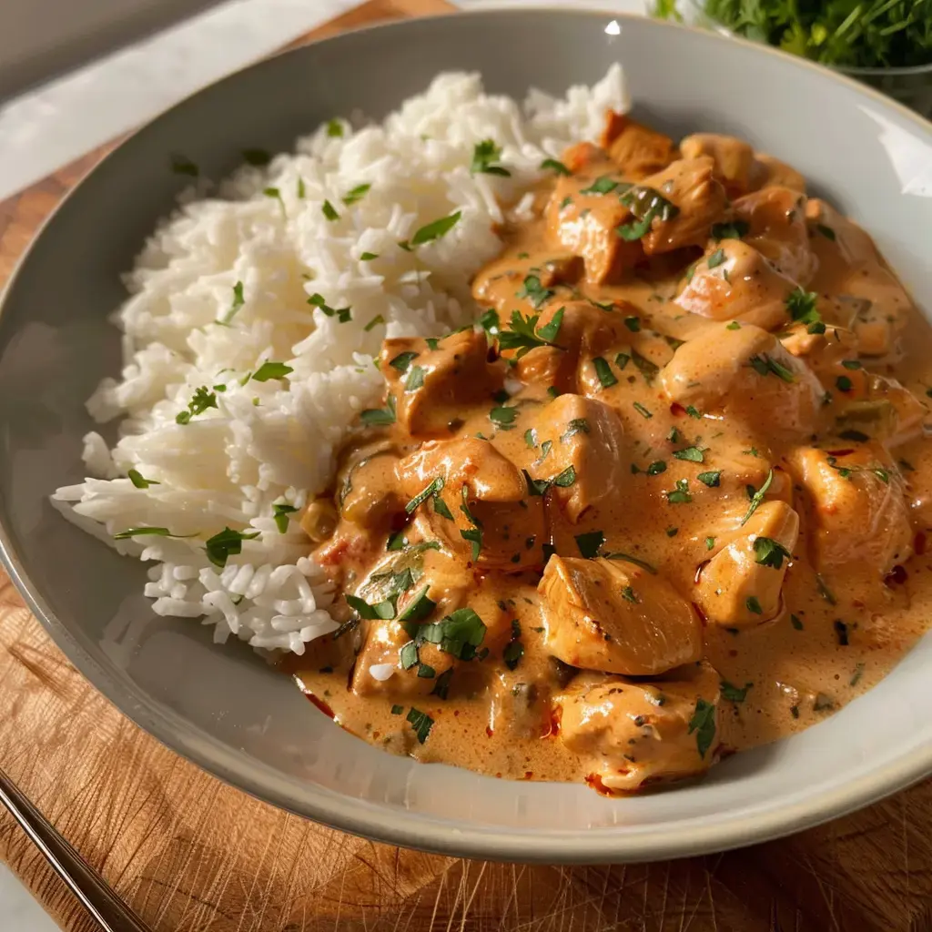 A bowl filled with creamy chicken in sauce alongside white rice, topped with fresh cilantro.