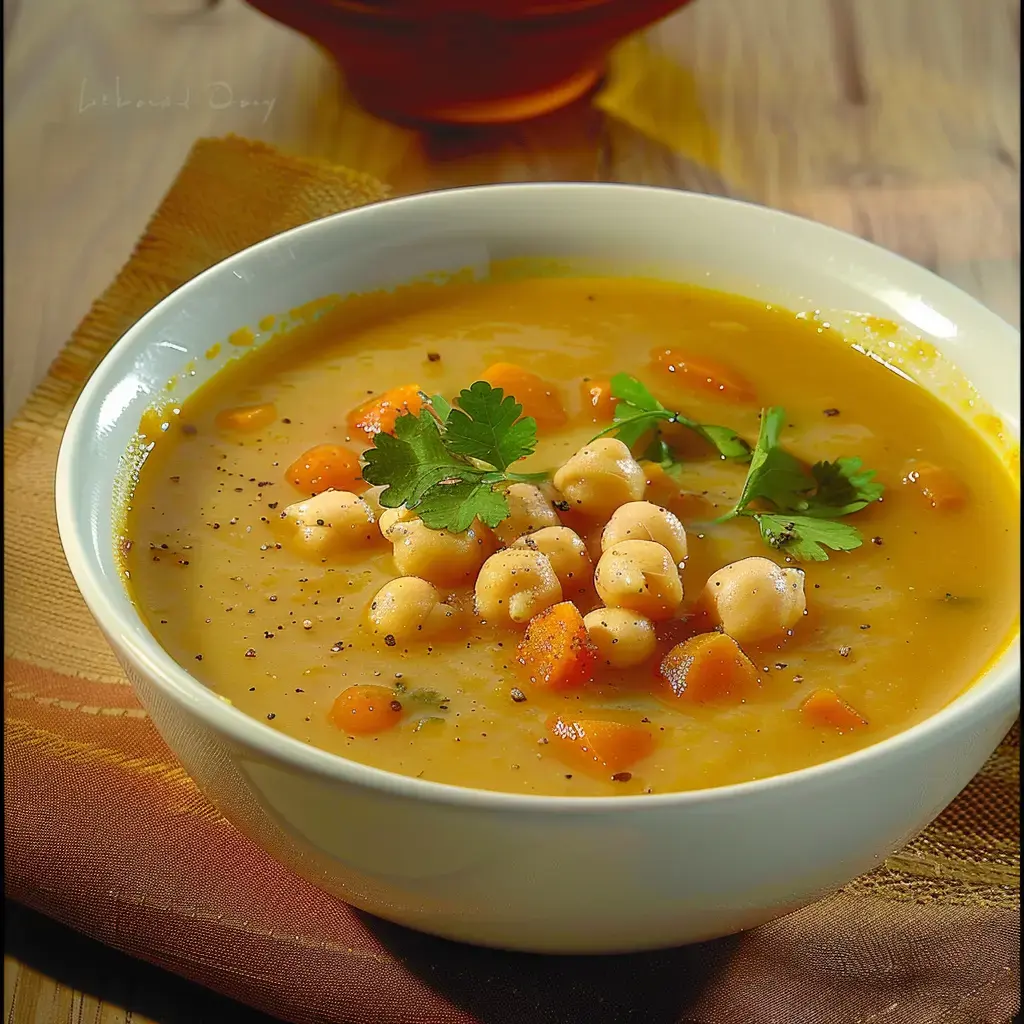 A white bowl of creamy chickpea carrot soup garnished with fresh cilantro