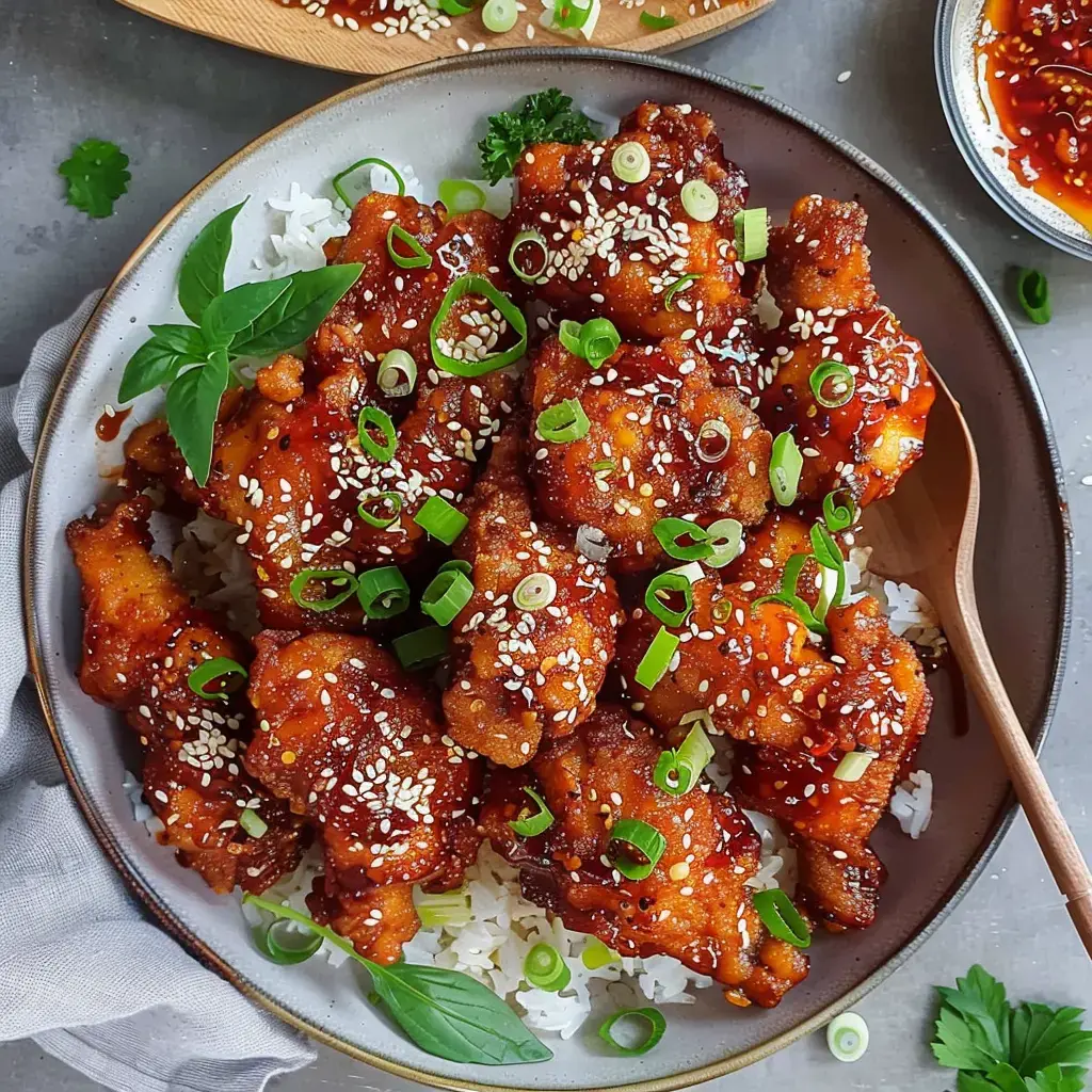 Crunchy chicken in sauce, topped with sesame seeds and green onions, served with white rice.