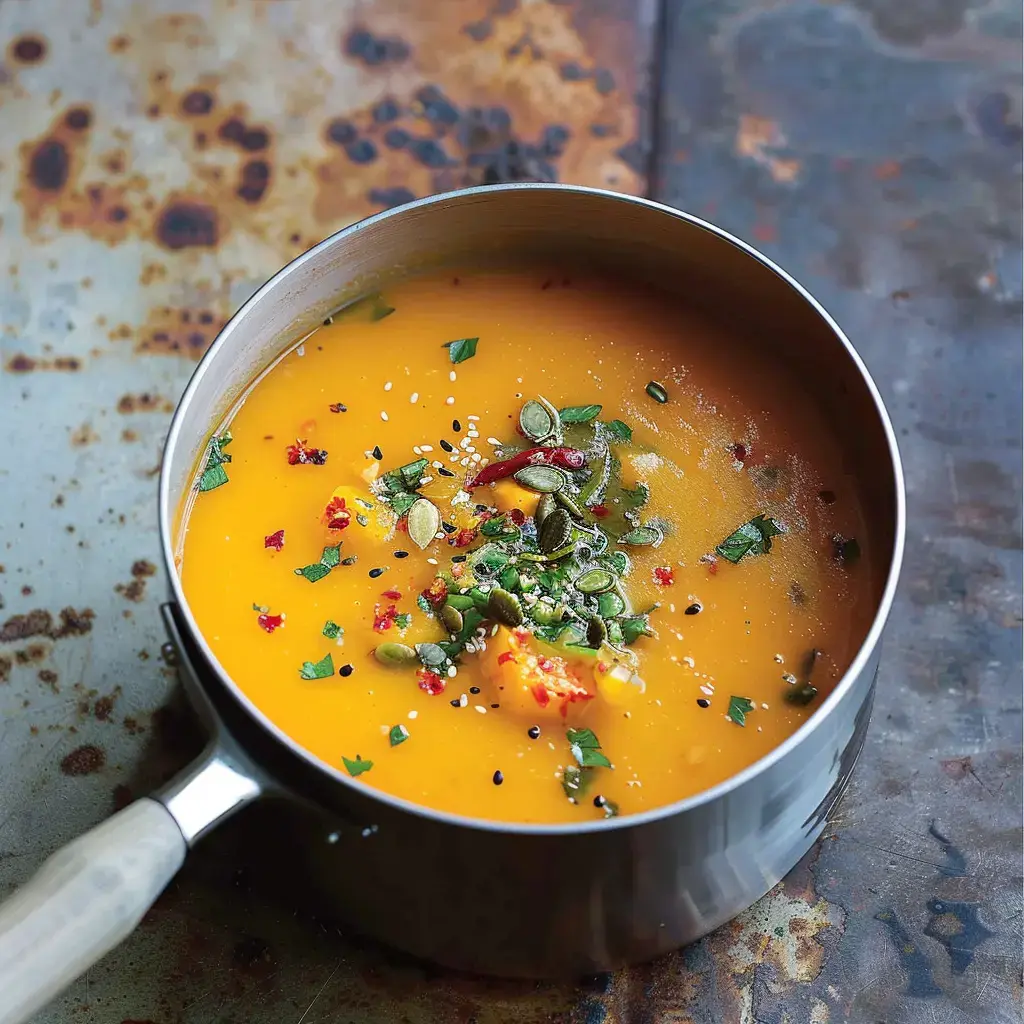 A pot of squash soup topped with fresh herbs, seeds, and chili flakes, sitting on a rough surface.