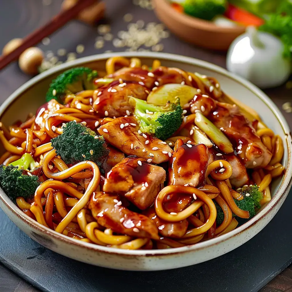 An Asian noodle dish topped with chicken pieces, broccoli and sauce, sprinkled with sesame seeds.