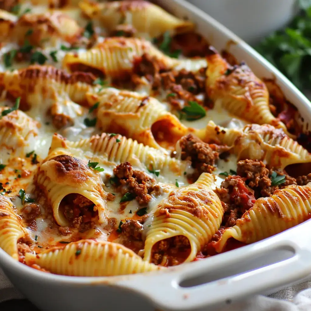 A dish of conchiglioni pasta stuffed with ground meat and cheese, baked until golden and topped with parsley.