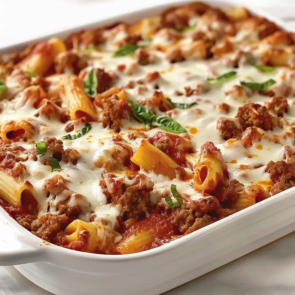 A dish of pasta with ground meat, covered in tomato sauce and melted cheese, garnished with basil leaves.