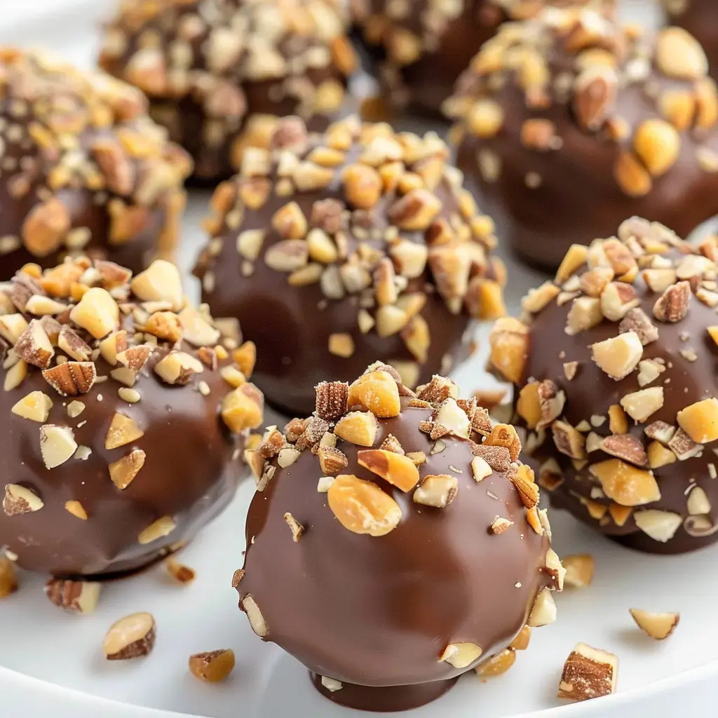 Chocolate balls topped with crushed nuts on a white plate.