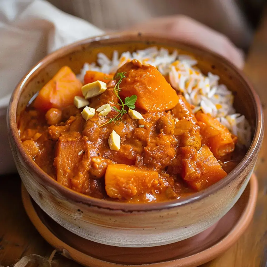 A bowl of rich vegetable curry served with white rice and topped with nuts, sitting on a wooden table.
