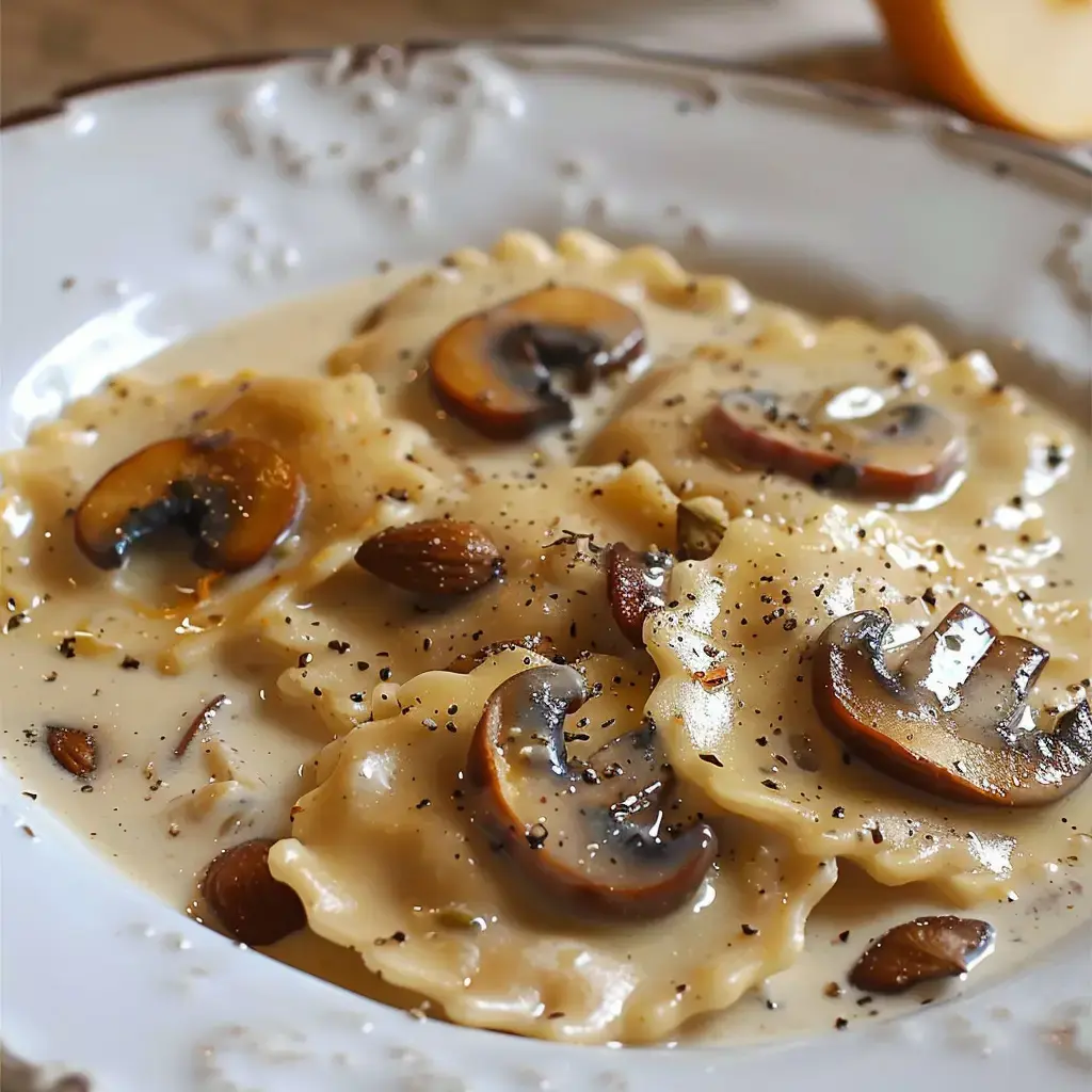 Un plat de raviolis nappés d'une sauce crémeuse aux champignons et garnis d'amandes grillées.