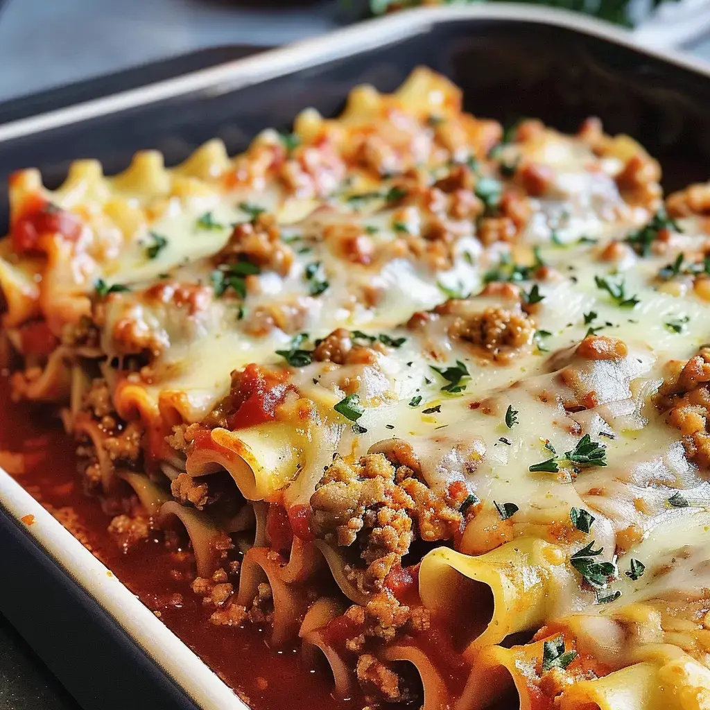 A dish of lasagna topped with ground meat, tomato sauce and cheese, garnished with parsley.