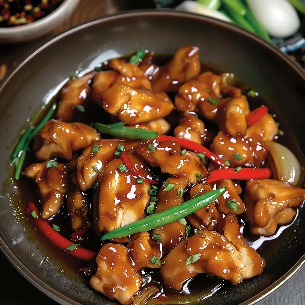 A dish of chicken in brown sauce, topped with red chilies and chives, served in a black bowl.