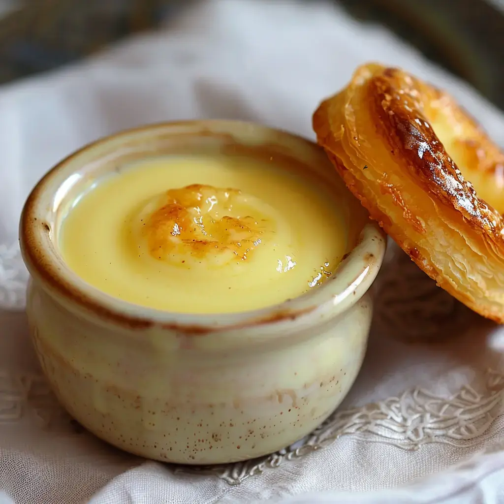 A ceramic bowl filled with smooth pastry cream, accompanied by golden puff pastry