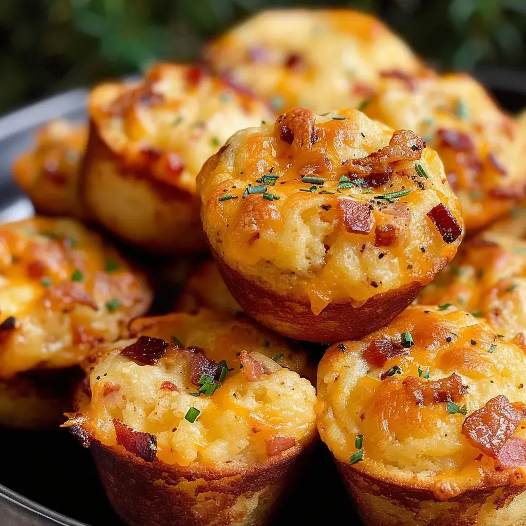 Golden-brown muffins topped with melted cheese and bacon pieces, garnished with chives