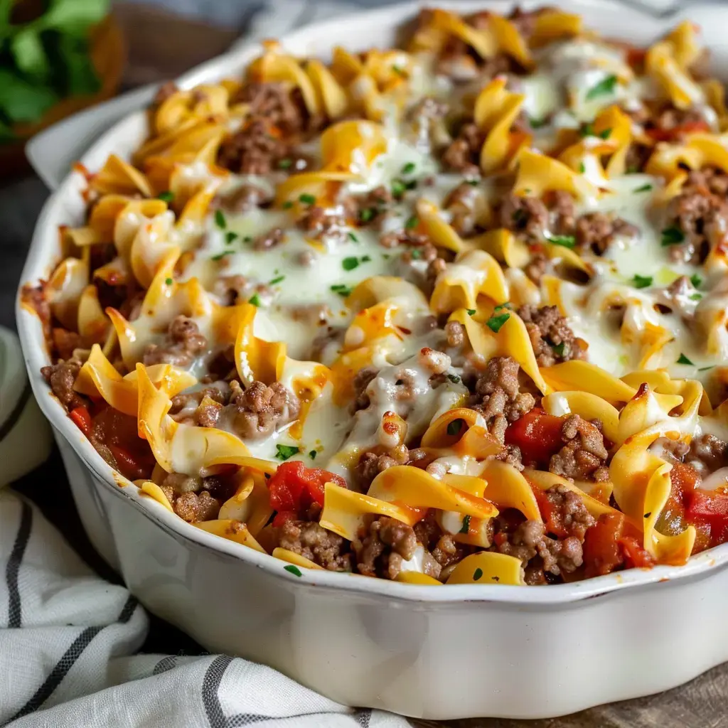 A casserole dish filled with pasta, ground beef and melted cheese, garnished with tomatoes and parsley.