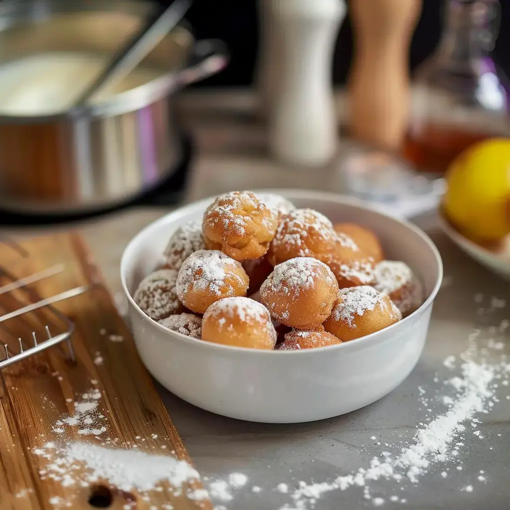 Golden brown donuts dusted with powdered sugar in a bowl, with kitchen ingredients in the background.