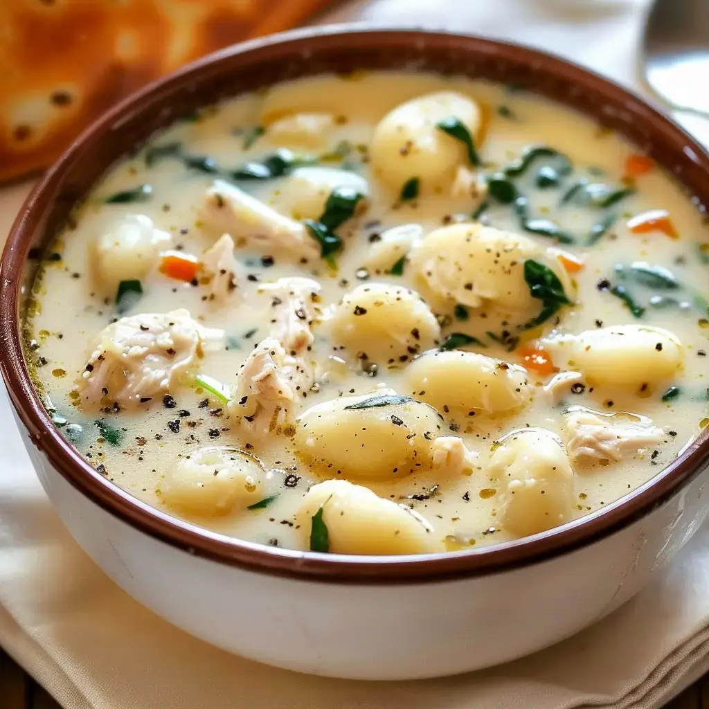 A bowl of creamy soup filled with gnocchi, chicken, spinach and carrots, garnished with black pepper.