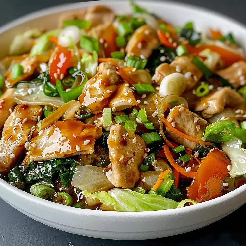 A colorful stir-fry dish with chicken and veggies, topped with sesame seeds and chives.