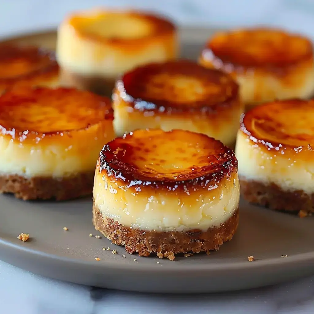 Des petits flans crémeux avec un fond de biscuit doré, présentés sur une assiette.