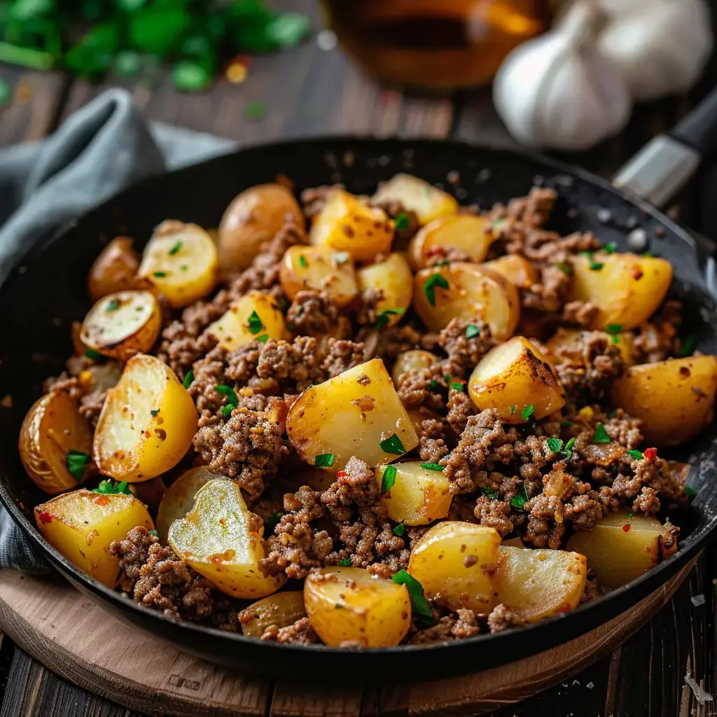 Golden brown potatoes and seasoned ground beef garnished with fresh parsley in a skillet.