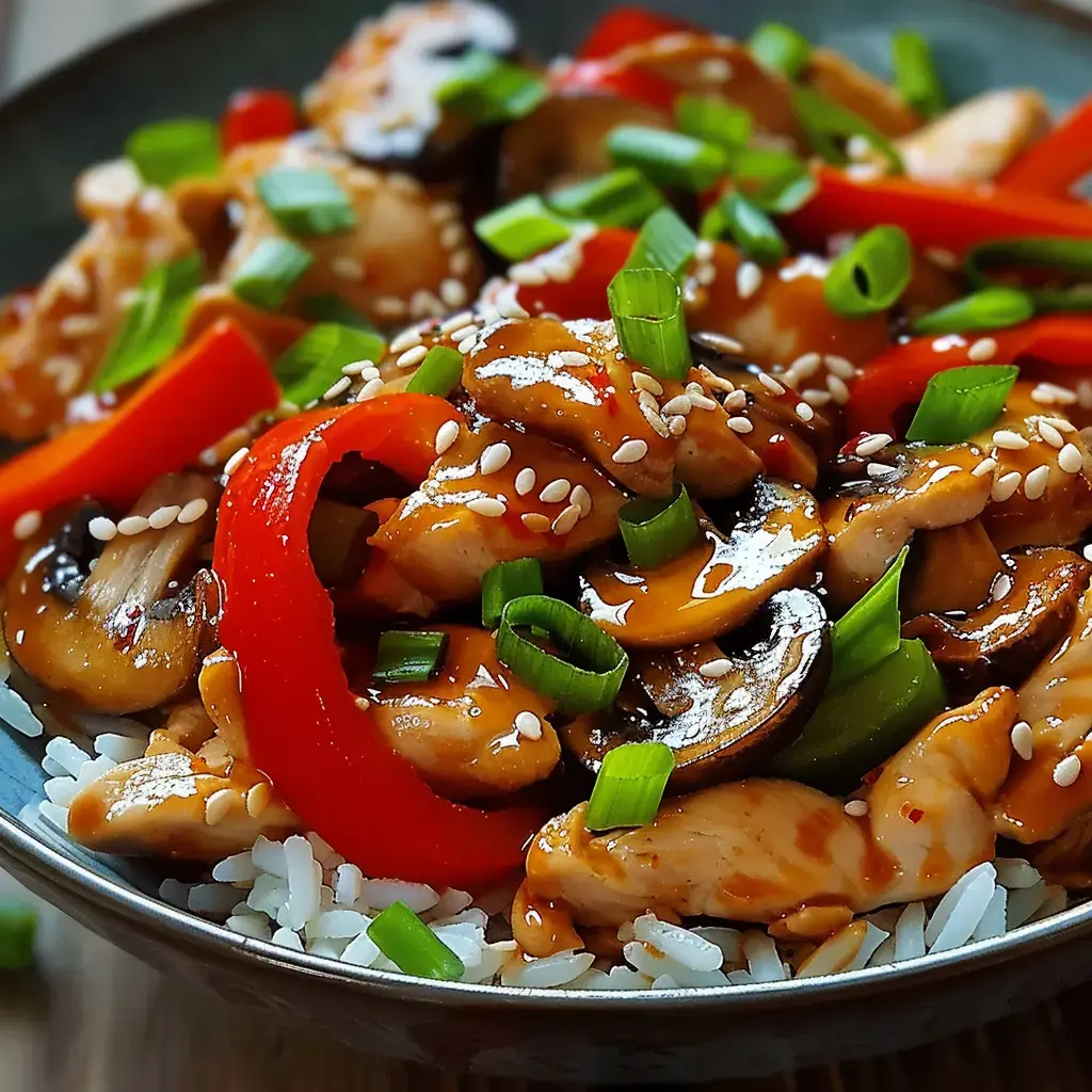 A colorful stir-fried chicken dish with vibrant vegetables and sauce, topped with sesame and green onions, served over white rice.
