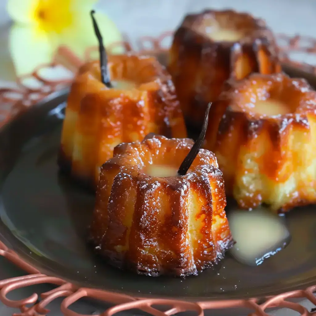 Quatre canelés dorés, garnis d'un glaçage lisse et décorés de gousses de vanille, sont présentés sur une assiette foncée.