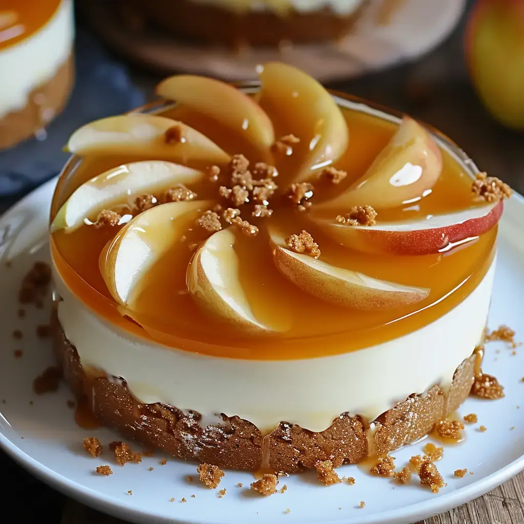 Gâteau au fromage avec des tranches de pomme, nappé de caramel et décoré de miettes de biscuits.