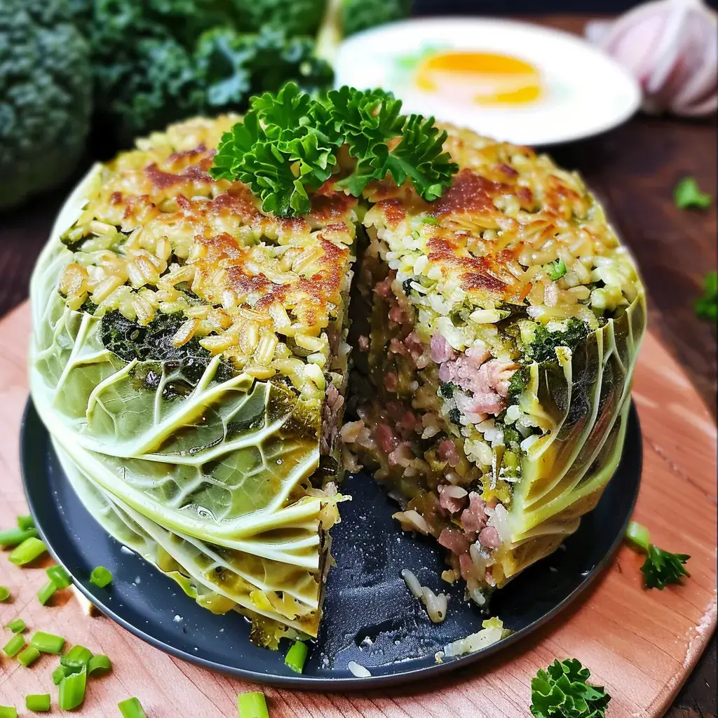 Un gâteau de chou fourré de riz, viande hachée et légumes, présenté sur une assiette, avec une garniture de feuilles de persil.