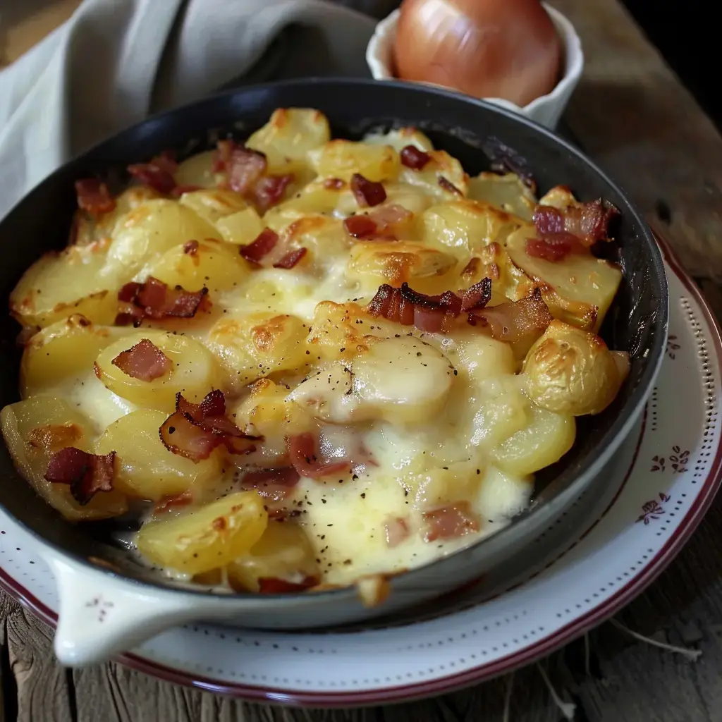 Un gratin de pommes de terre dorées au fromage et à la poitrine fumée, servi dans un plat en terre cuite.