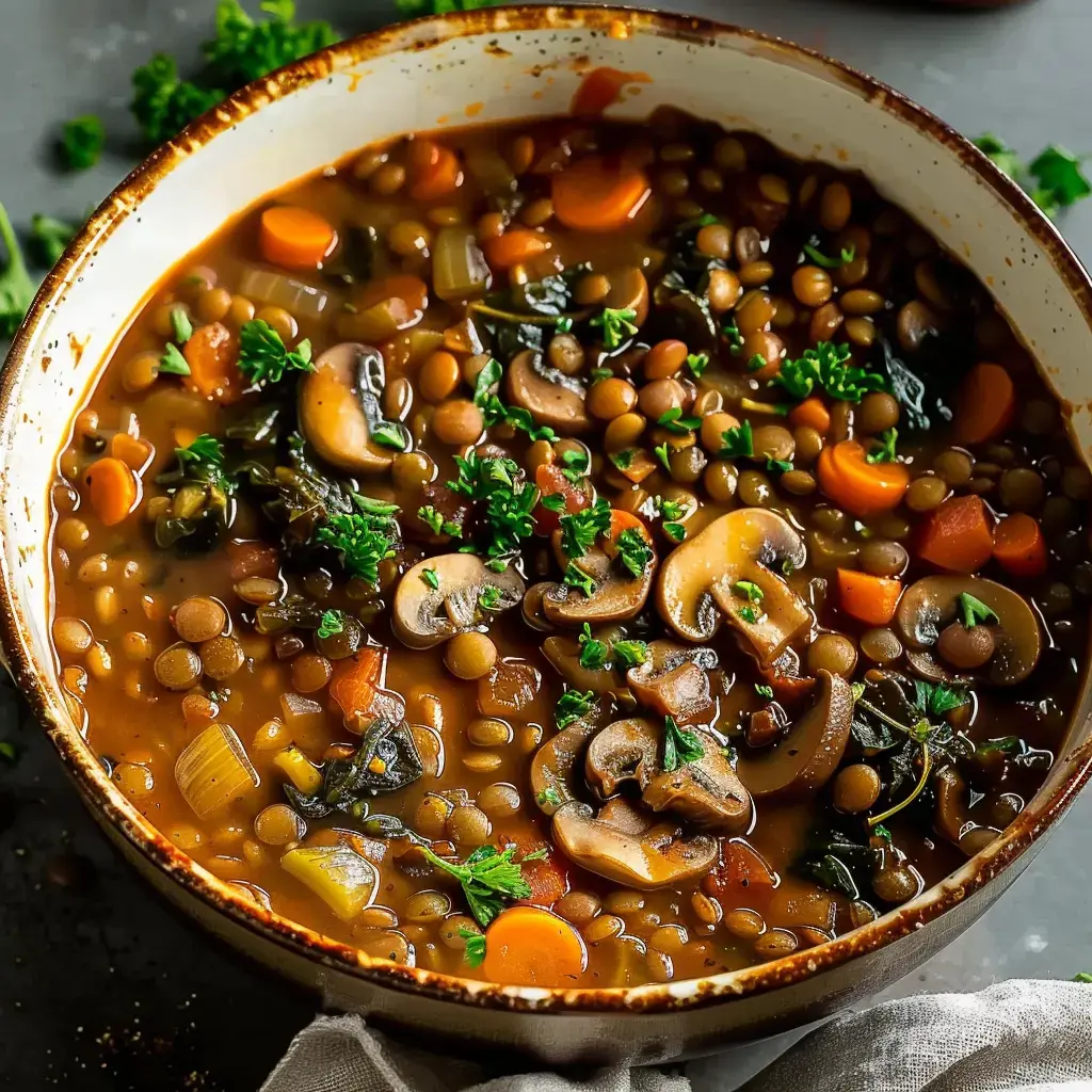 A bowl of lentil stew with carrots, mushrooms and spinach, garnished with fresh parsley.