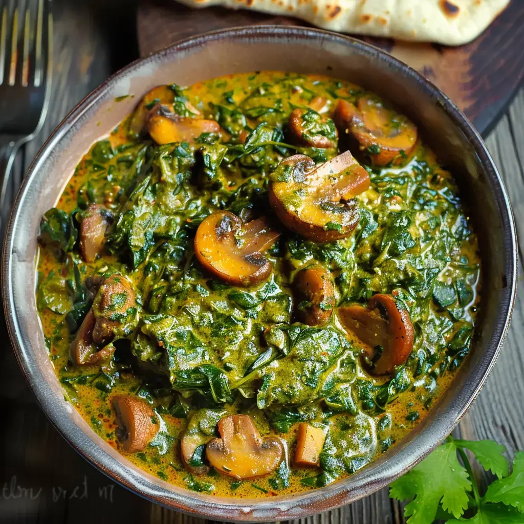 A bowl of mushroom spinach curry served with naan bread in the background