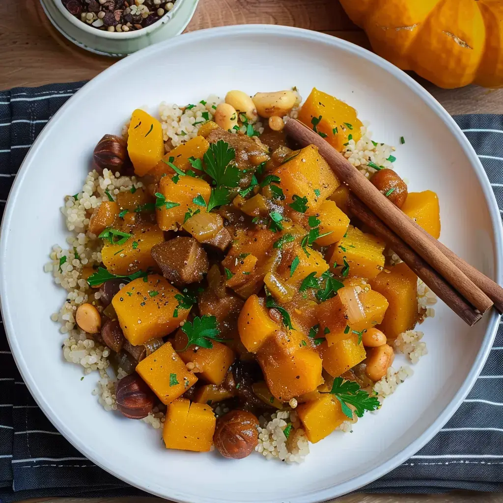 Un plat de couscous garni de morceaux de courge, de légumes et de noix, décoré de persil frais.