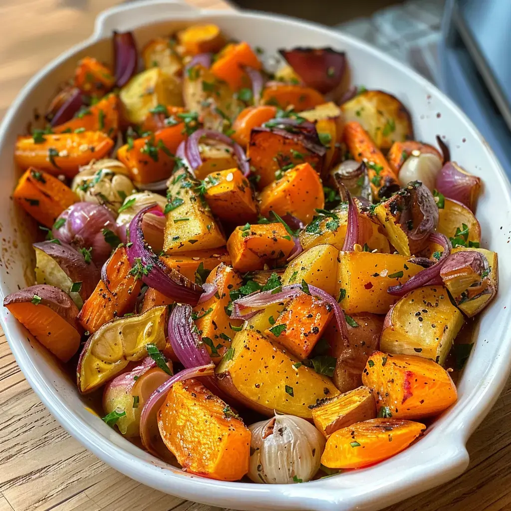 Colorful roasted vegetables including carrots, onions and squash, garnished with parsley and seasoned with pepper.