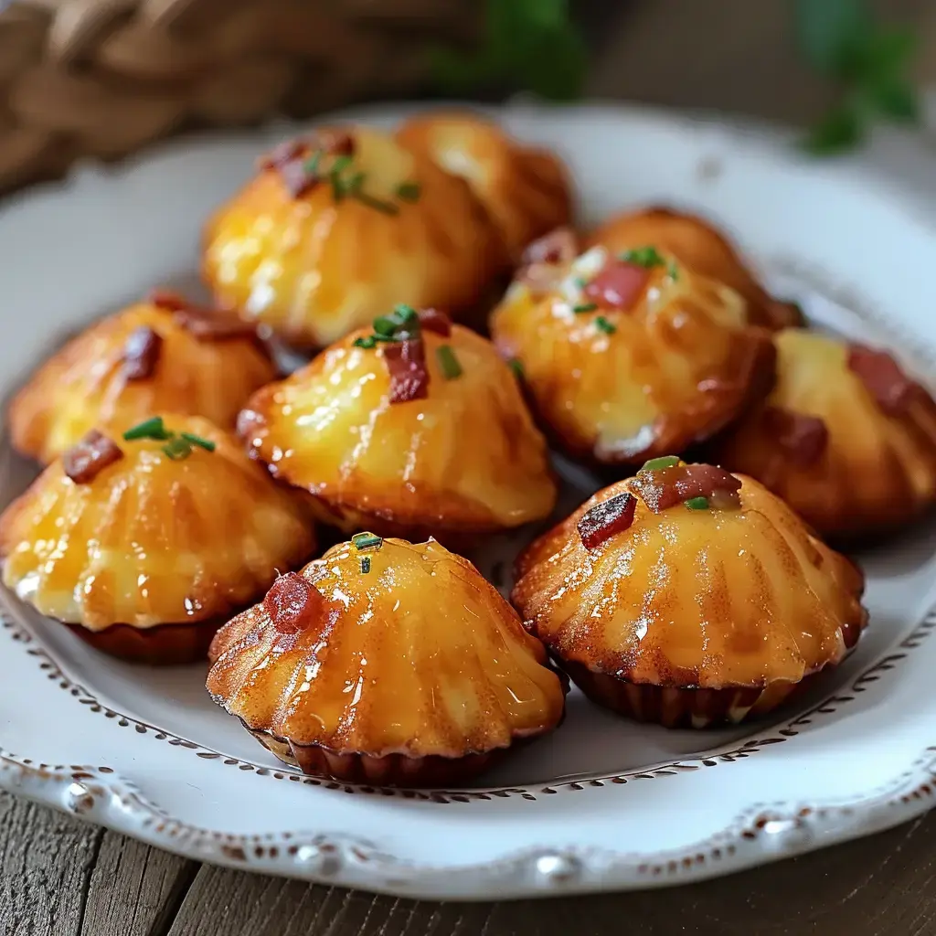 Golden brown savory madeleines topped with melted cheese and bacon pieces, arranged on a decorative serving plate