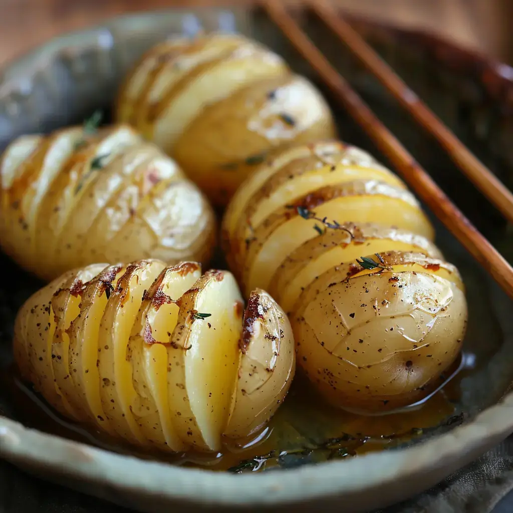 Quatre pommes de terre rôties et tranchées, assaisonnées avec des herbes, reposent dans un plat en céramique.