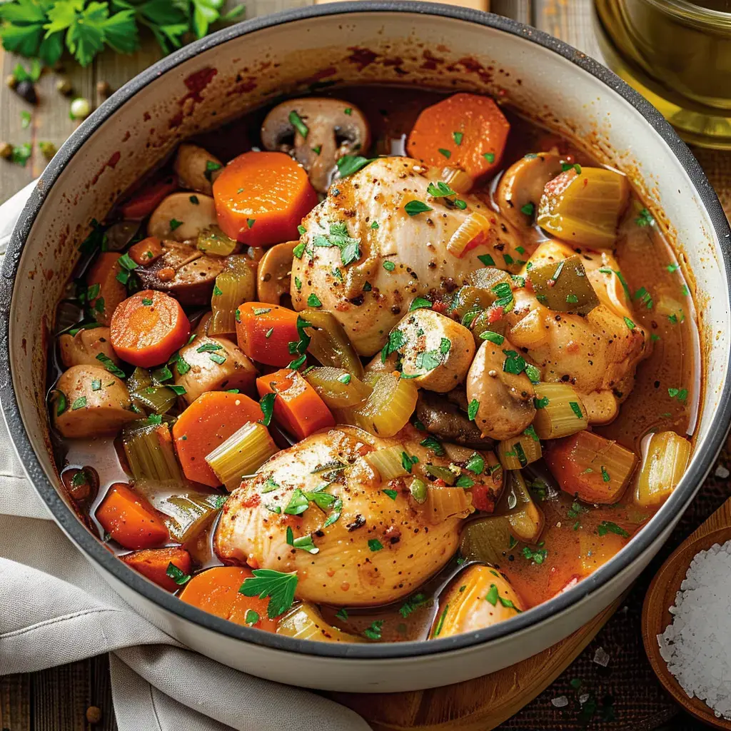 A braised chicken dish with carrots, mushrooms and celery, garnished with fresh parsley