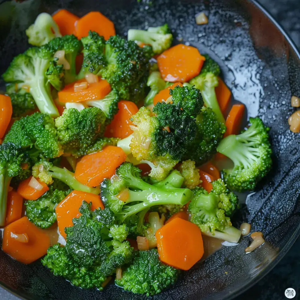 A bowl of stir-fried broccoli and sliced carrots in dark sauce served in a black bowl